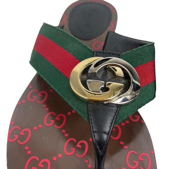 Gucci Kika GG Logo Web Thong Sandal Green Red Stripe Size 37 - Picture 4 of 11